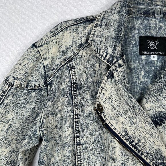 Acid Washed Cropped Jacket Denim SZ 12 Designed by Cosmic‎ Belted Punk 80's - Picture 12 of 16